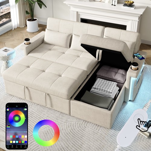 Beige shaped corner sofa bed - shaped,